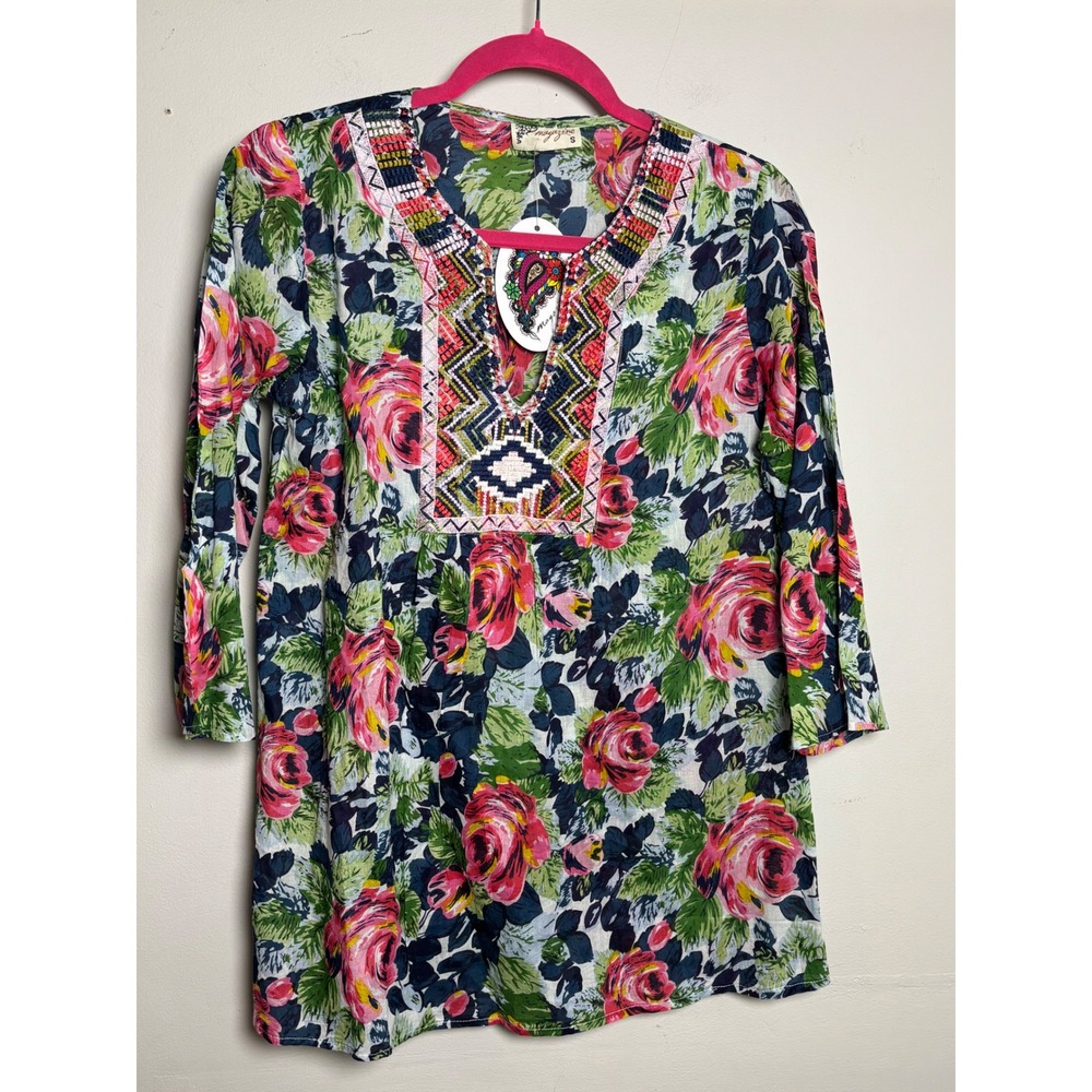 Magazine Floral Embroidered Boho Tunic Top NWT Cotton Small Cottagecore